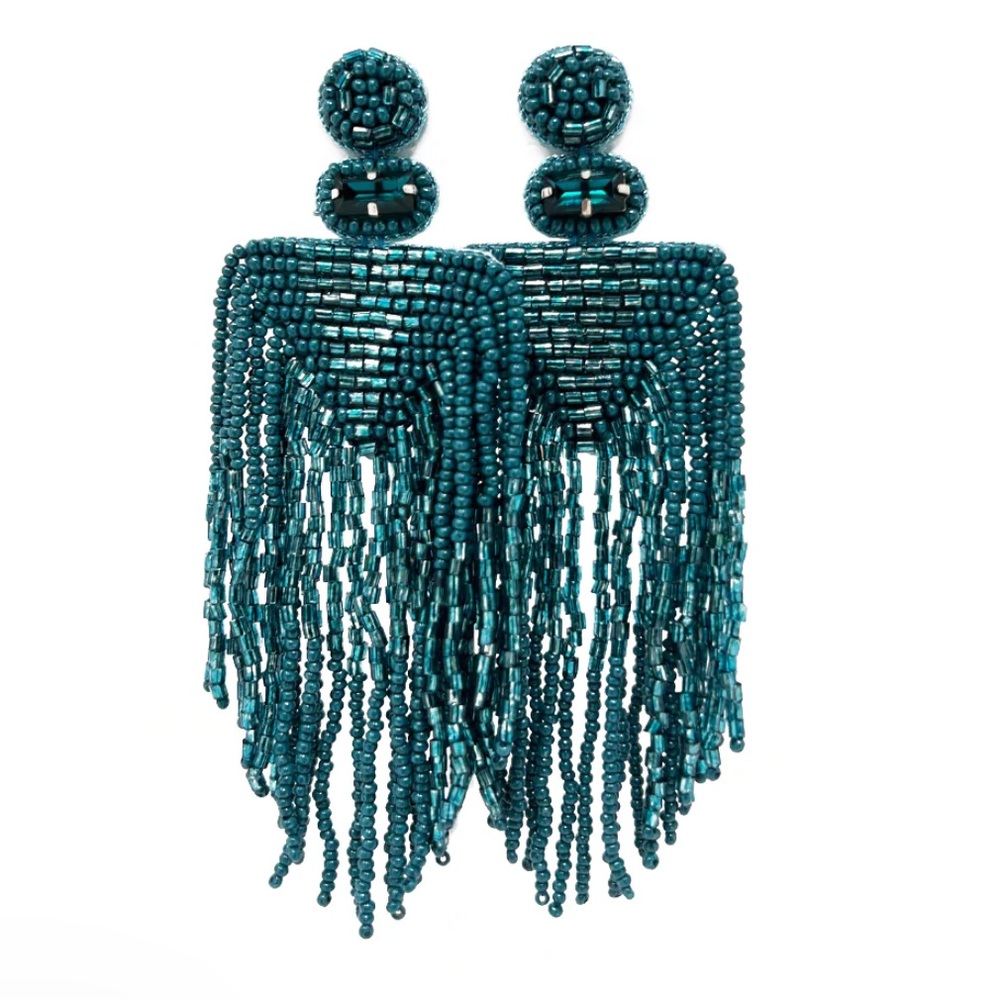 Lobe Love Set The Stage Beaded Chandelier Statement Earrings in Teal